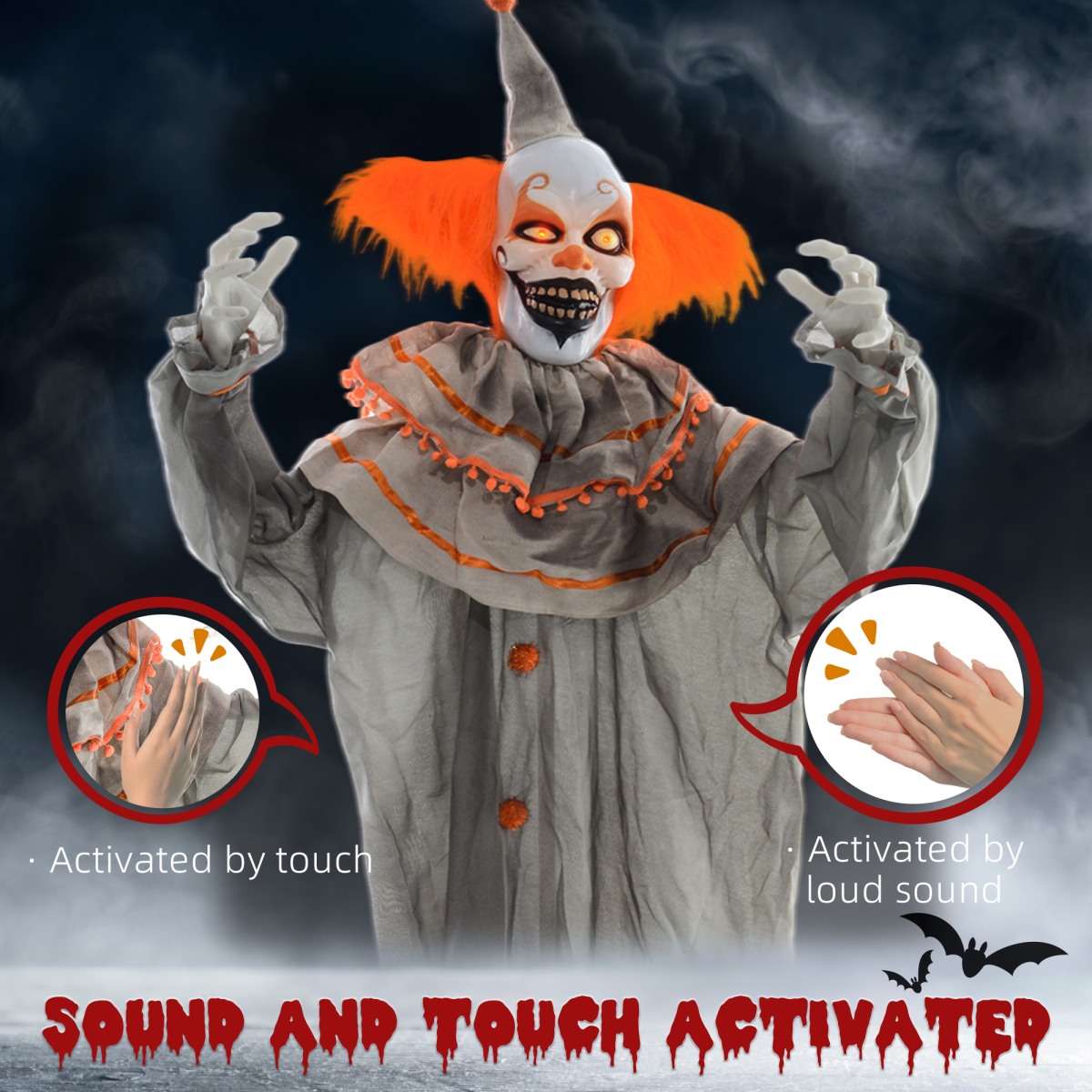 Halloween Clown Animatronic Prop with Light-Up Eyes, Indoor/Outdoor