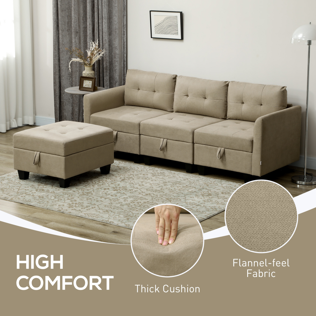Convertible Modular Sectional Sofa with Storage & Wood Frame Light Brown