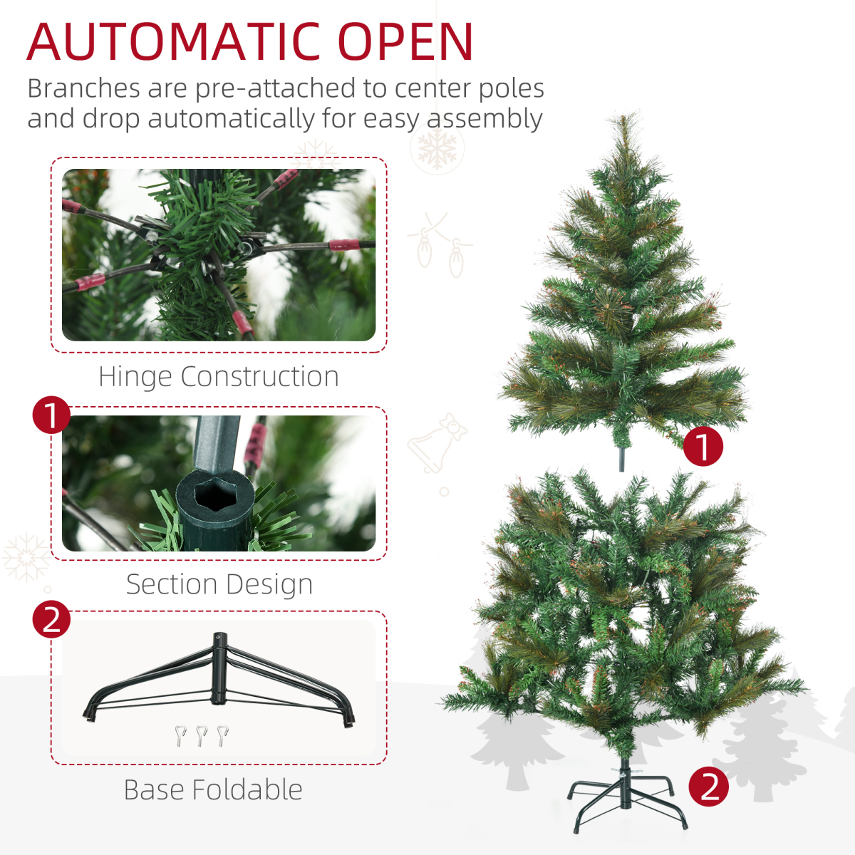 1.5m Pre-Lit Christmas Tree - Artificial Spruce, Warm White LED, Metal Stand