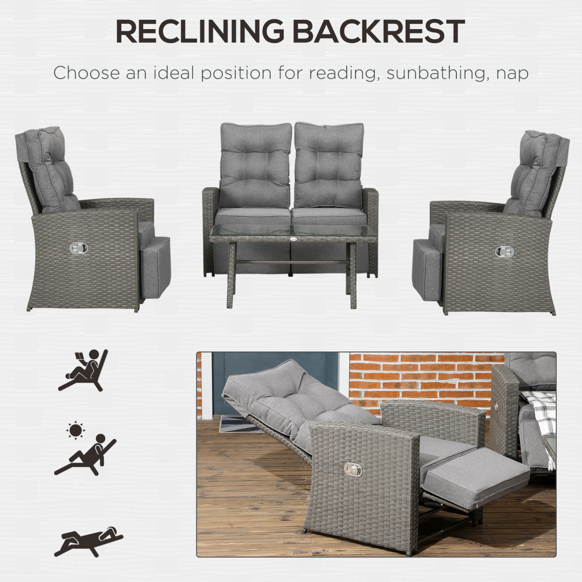 4-Piece Rattan Garden Set: Loveseat, 2 Armchairs, Glass Table, Grey