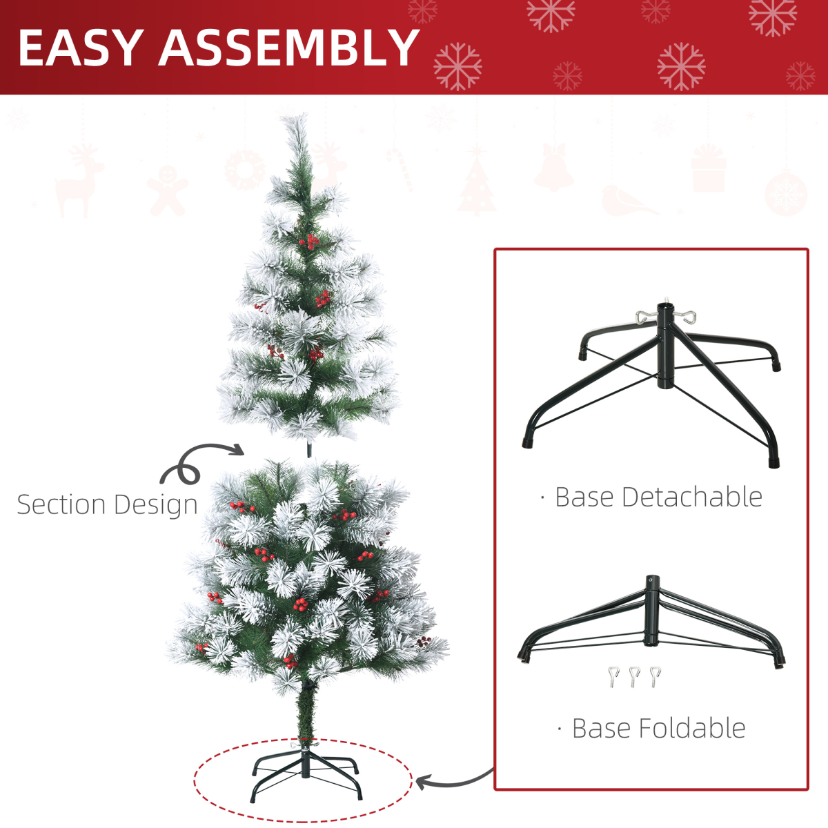 5ft Indoor Christmas Tree with Berry Decor, 184 PET Tips, Metal Stand