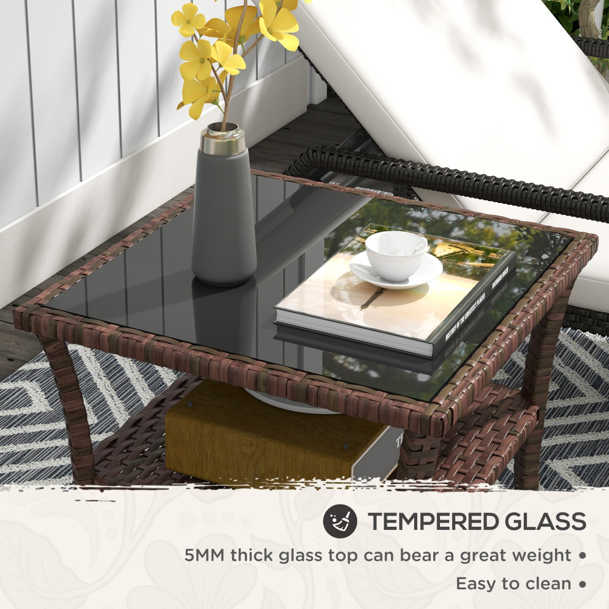 PE Rattan Coffee Table: Two-Tier with Glass Top, Brown