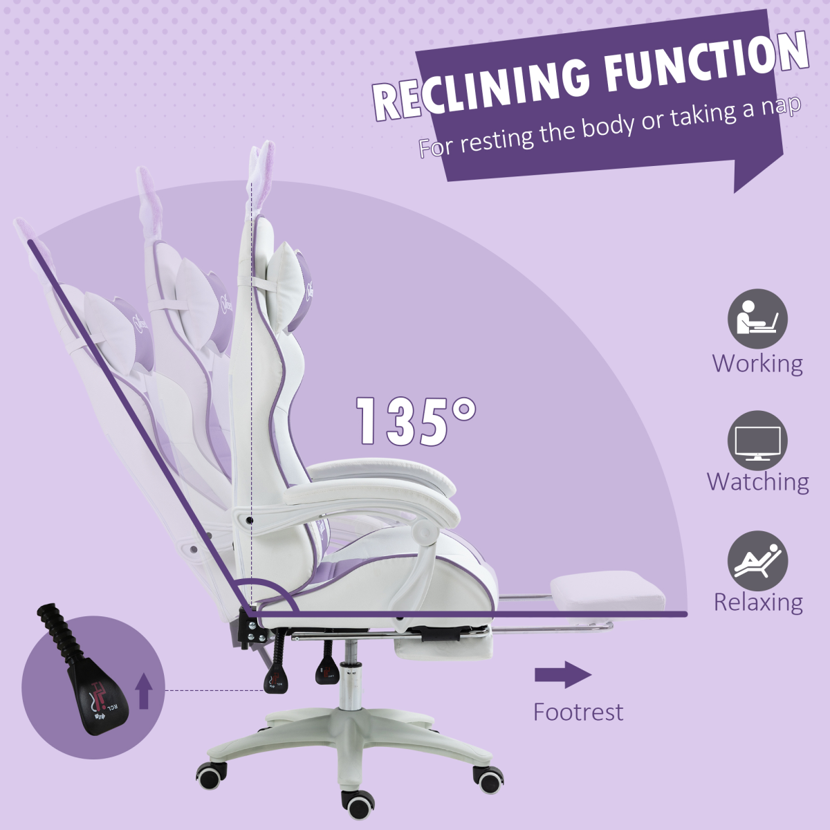 Vinsetto Racing Style Gaming Chair with Footrest & Removable Ears, Purple