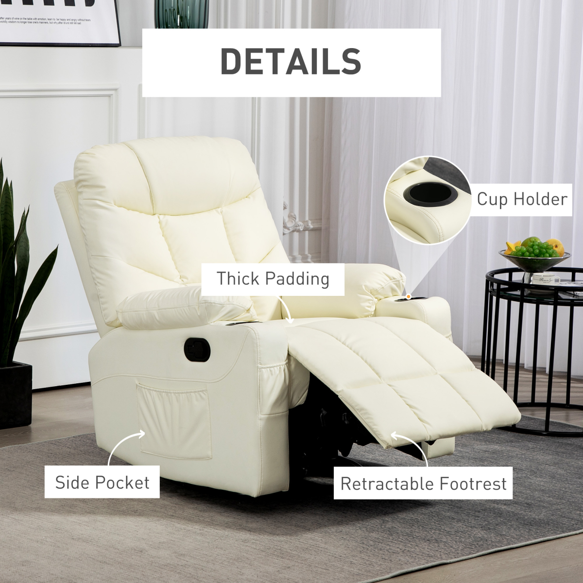 Luxury Recliner Chair with Footrest & Cup Holders - Cream Swivel Comfort