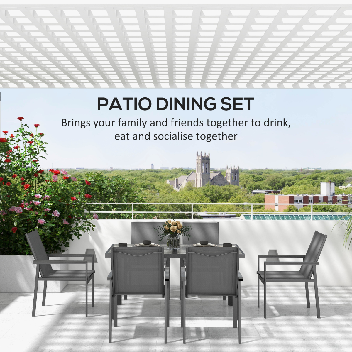 7-Piece Garden Dining Set with Glass Table, 6 Chairs, Grey