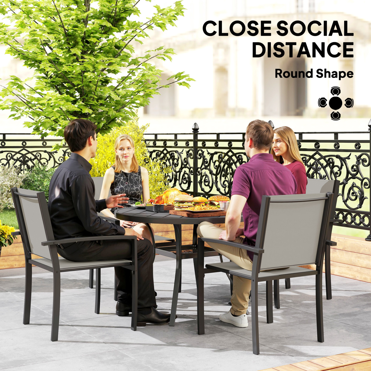 Elegant 5-Piece Patio Set: Round Table & 4 Stackable Texteline Chairs