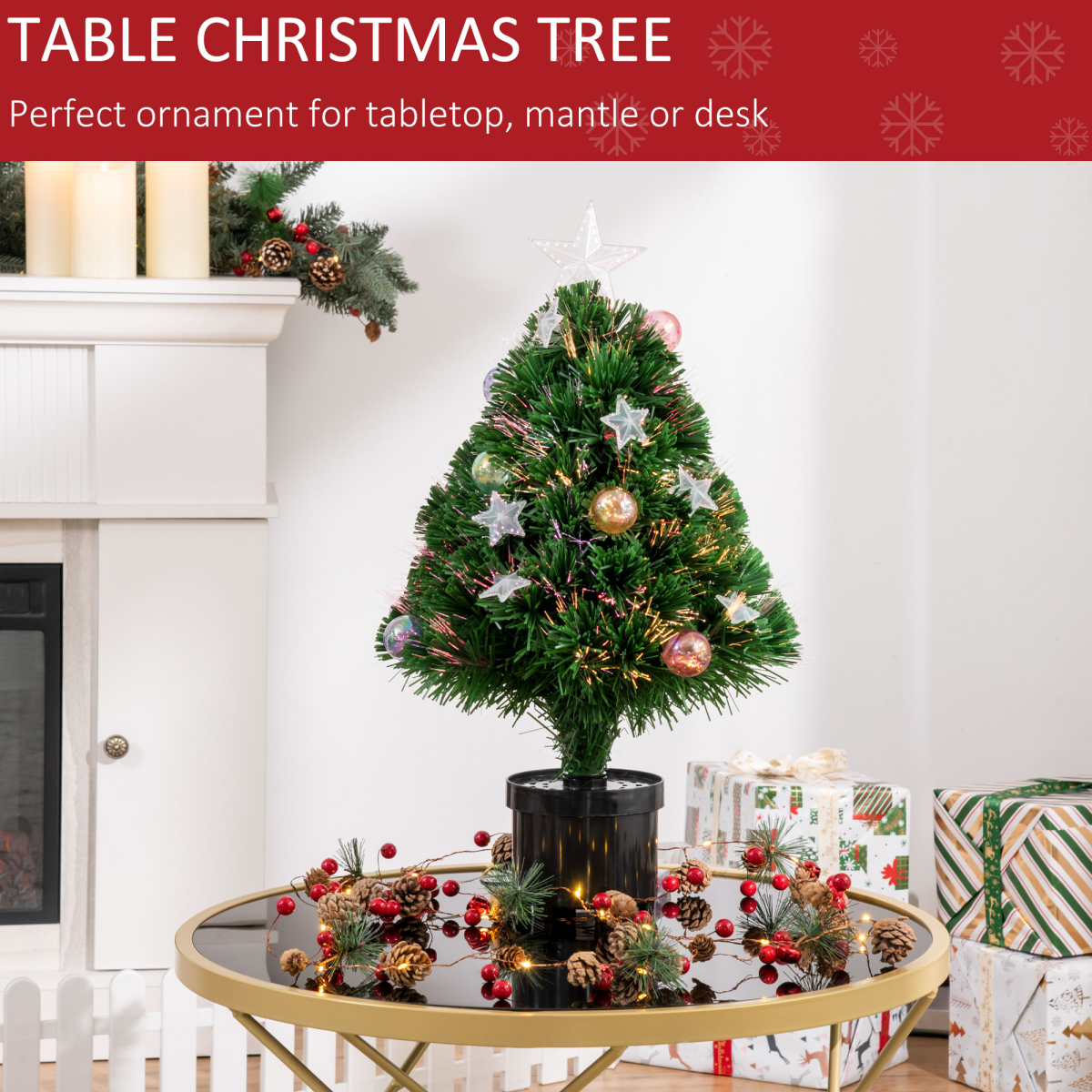 2ft Pre-Lit Tabletop Christmas Tree with LED Lights, Pot & 60 Colorful Baubles