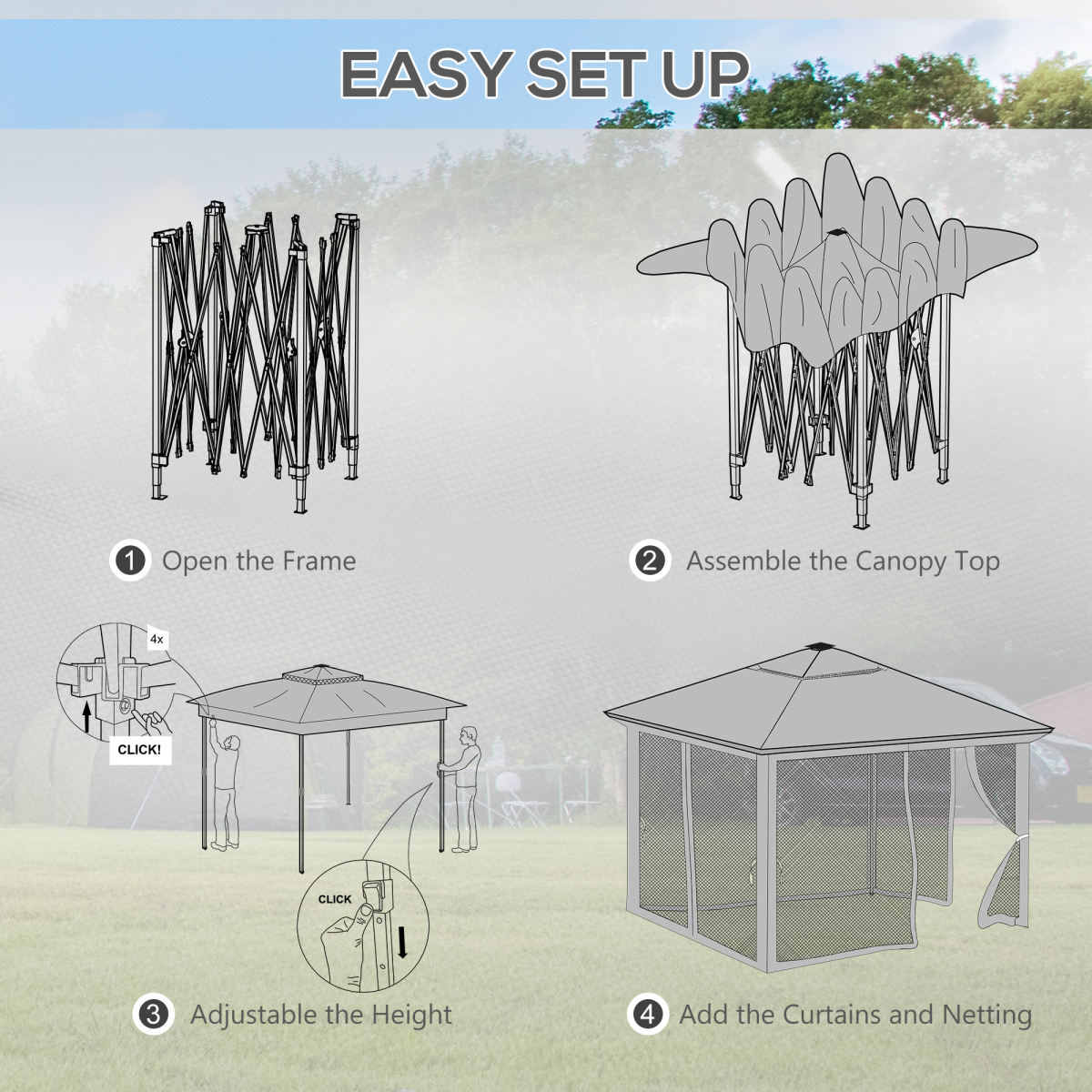 3x3m Pop-Up Gazebo with Solar LED Lights and Curtain Netting - Grey