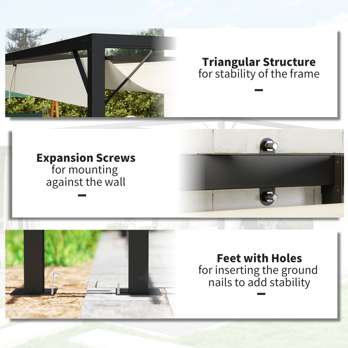 3x3m Wall-Mounted Pergola with Retractable Canopy - Cream Shade Master
