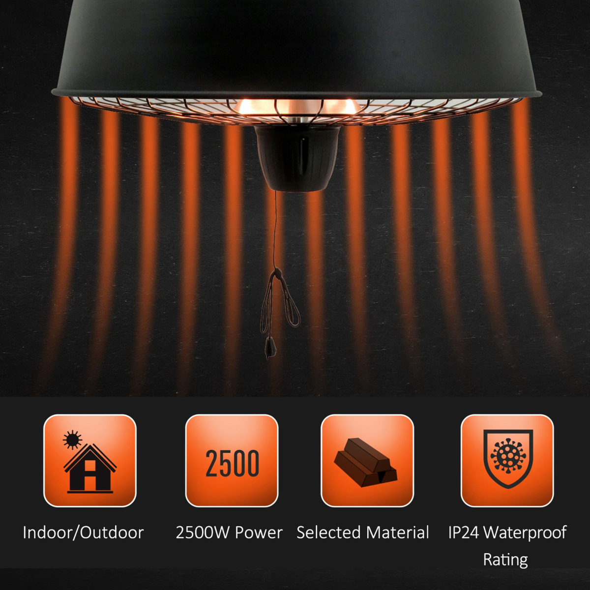 Versatile Hanging Infrared Heater: 1000/2500W Halogen Light for Year-Round Comfort
