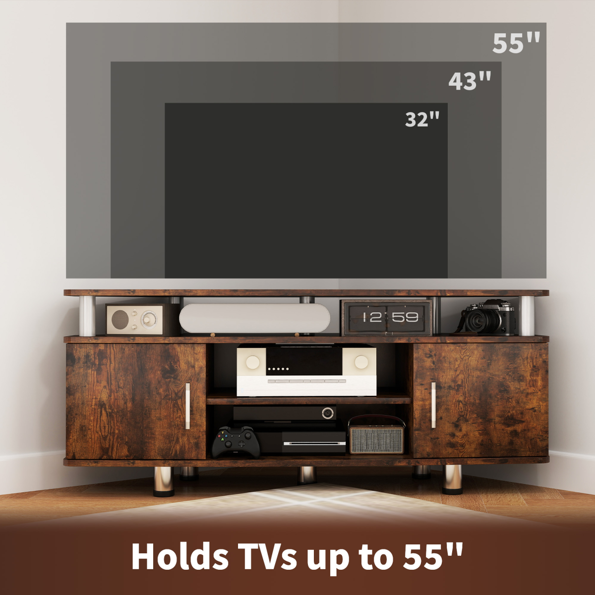 Rustic Brown TV Unit Cabinet with Storage & Shelves - Stylish & Functional!