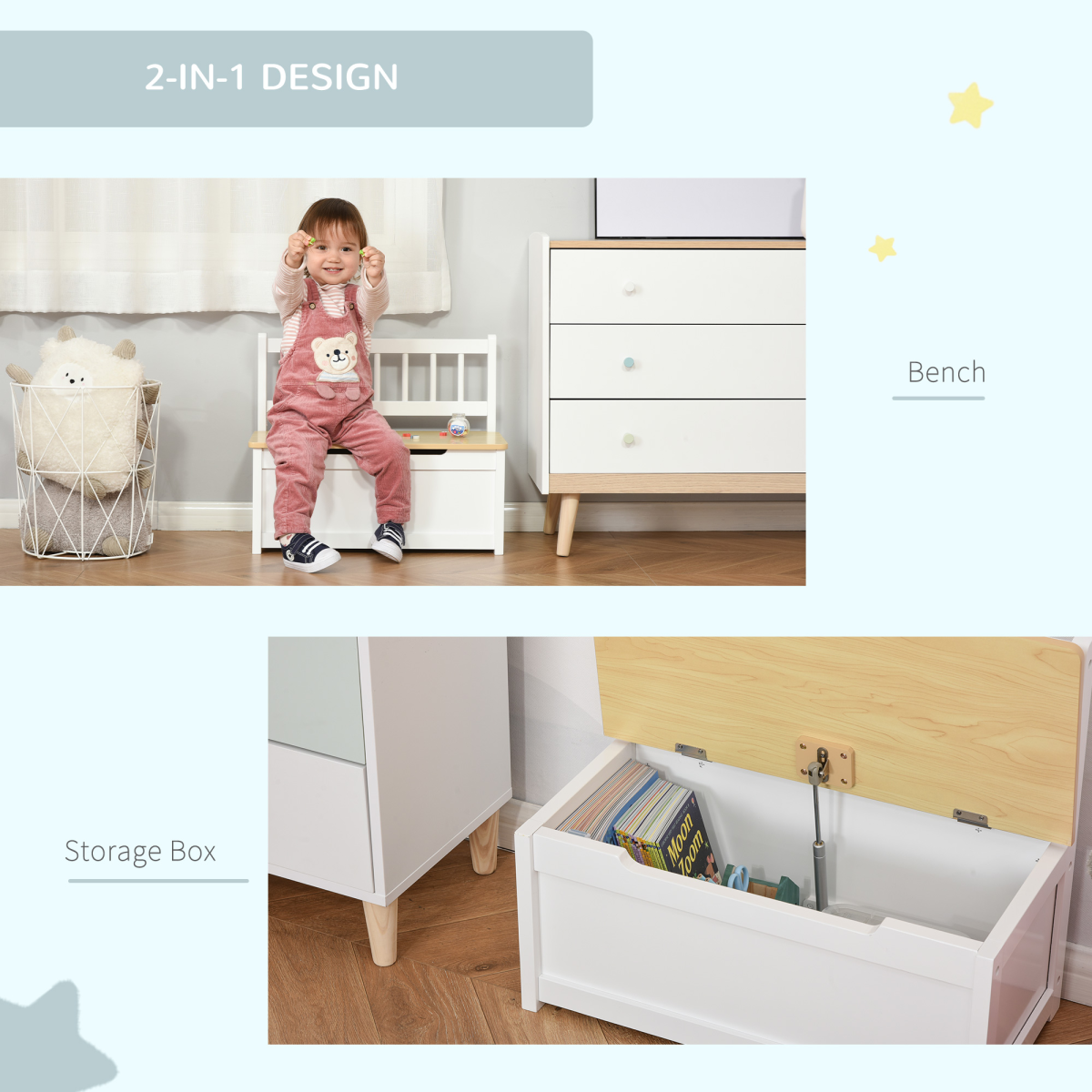 Deluxe 2-in-1 Wooden Toy Box & Kids Bench