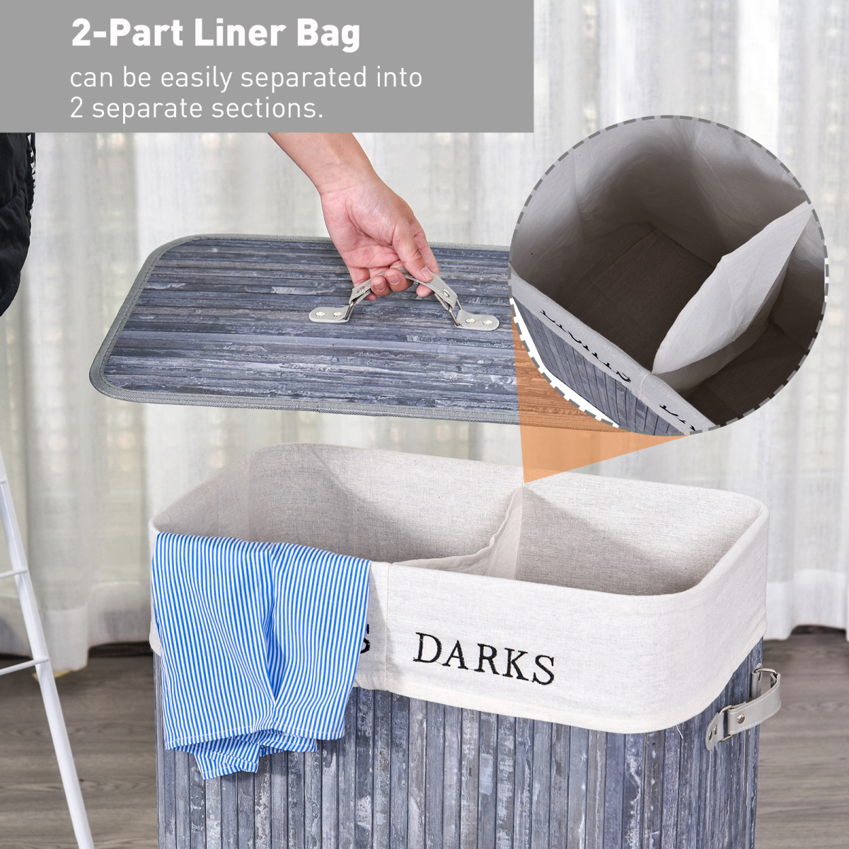 Bamboo Laundry Hamper with Removable Liner, Foldable & Lightweight