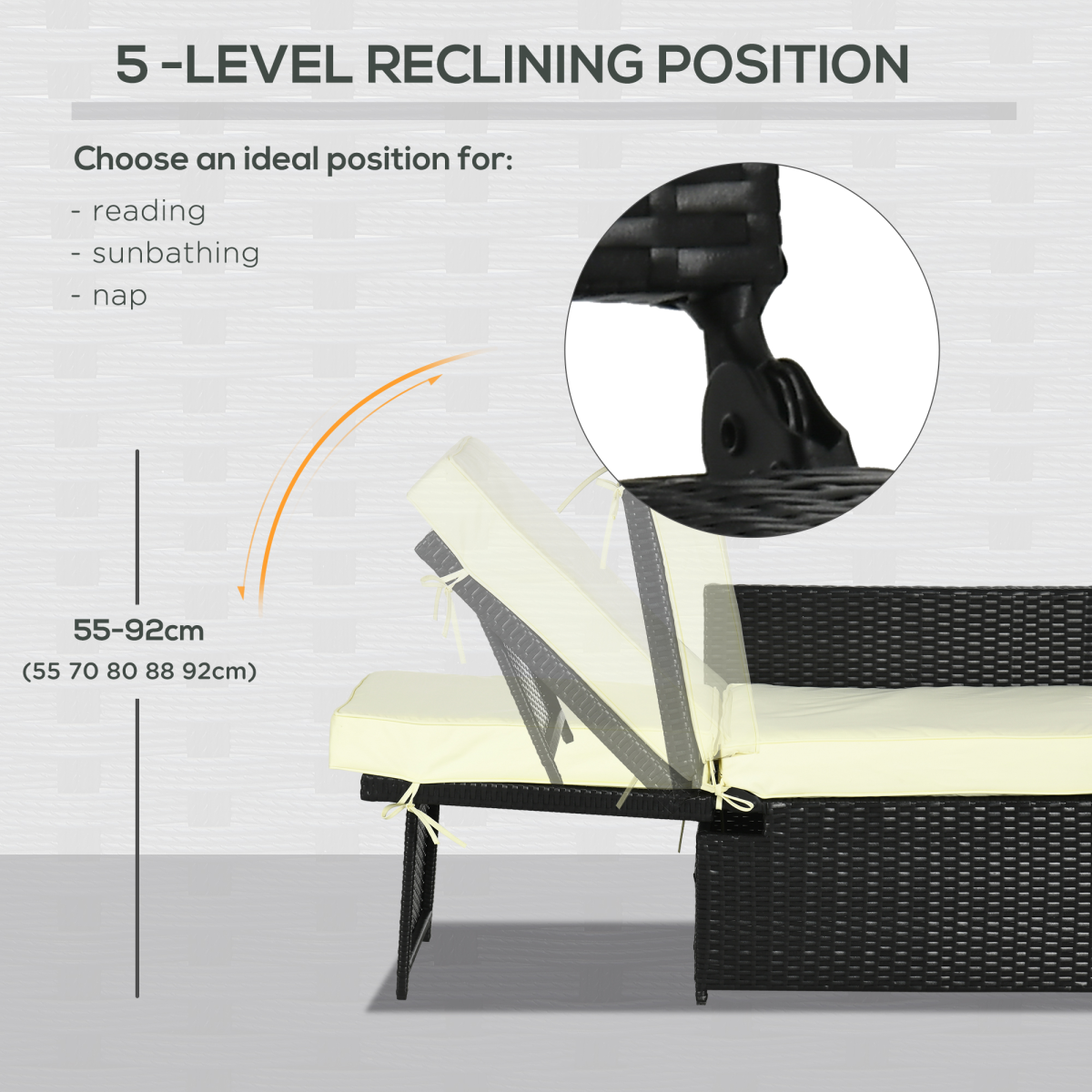 5-Level Adjustable Rattan Sun Lounger with Storage Table & Footstools - Black