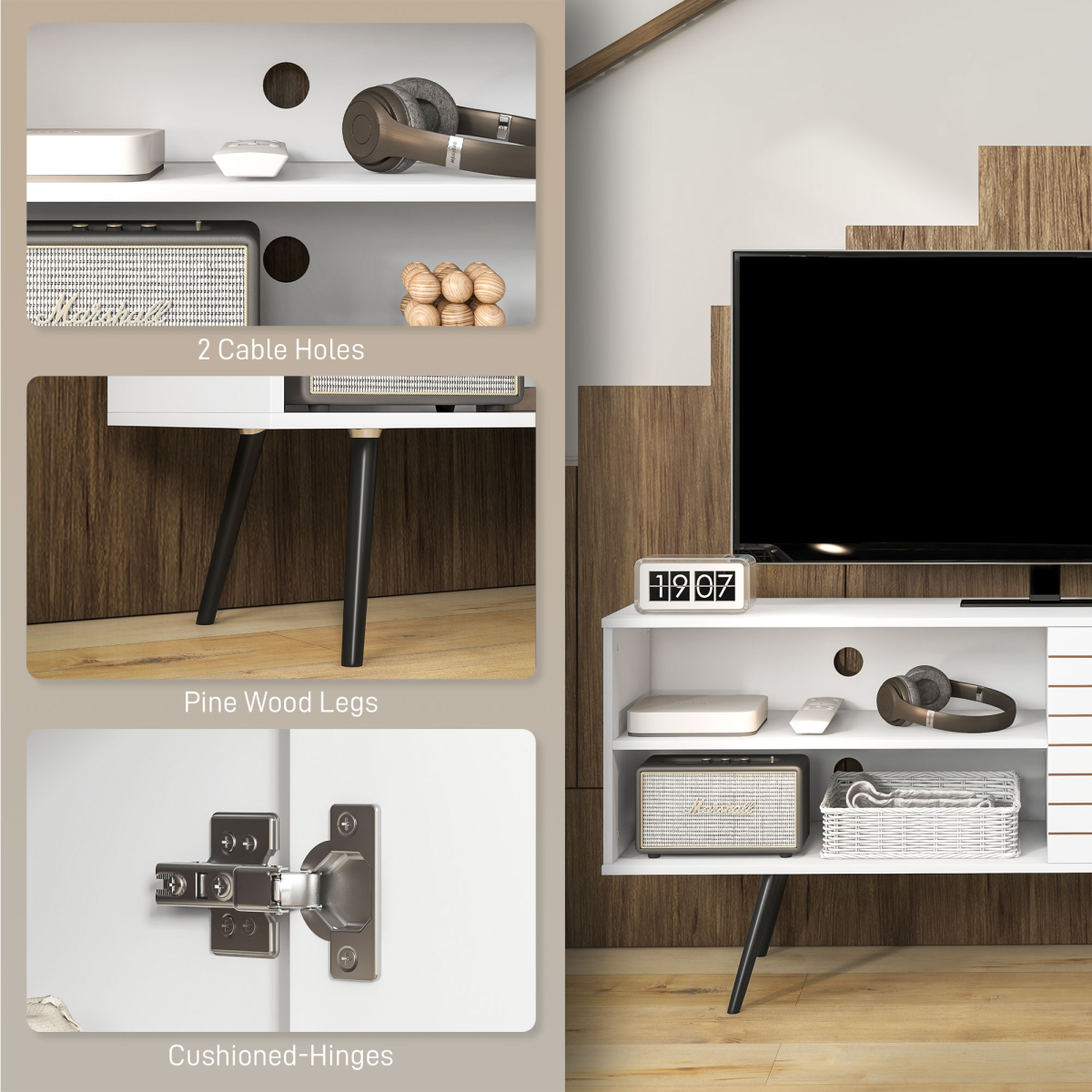 Modern 65" TV Stand with Open Shelves & Cable Management - White