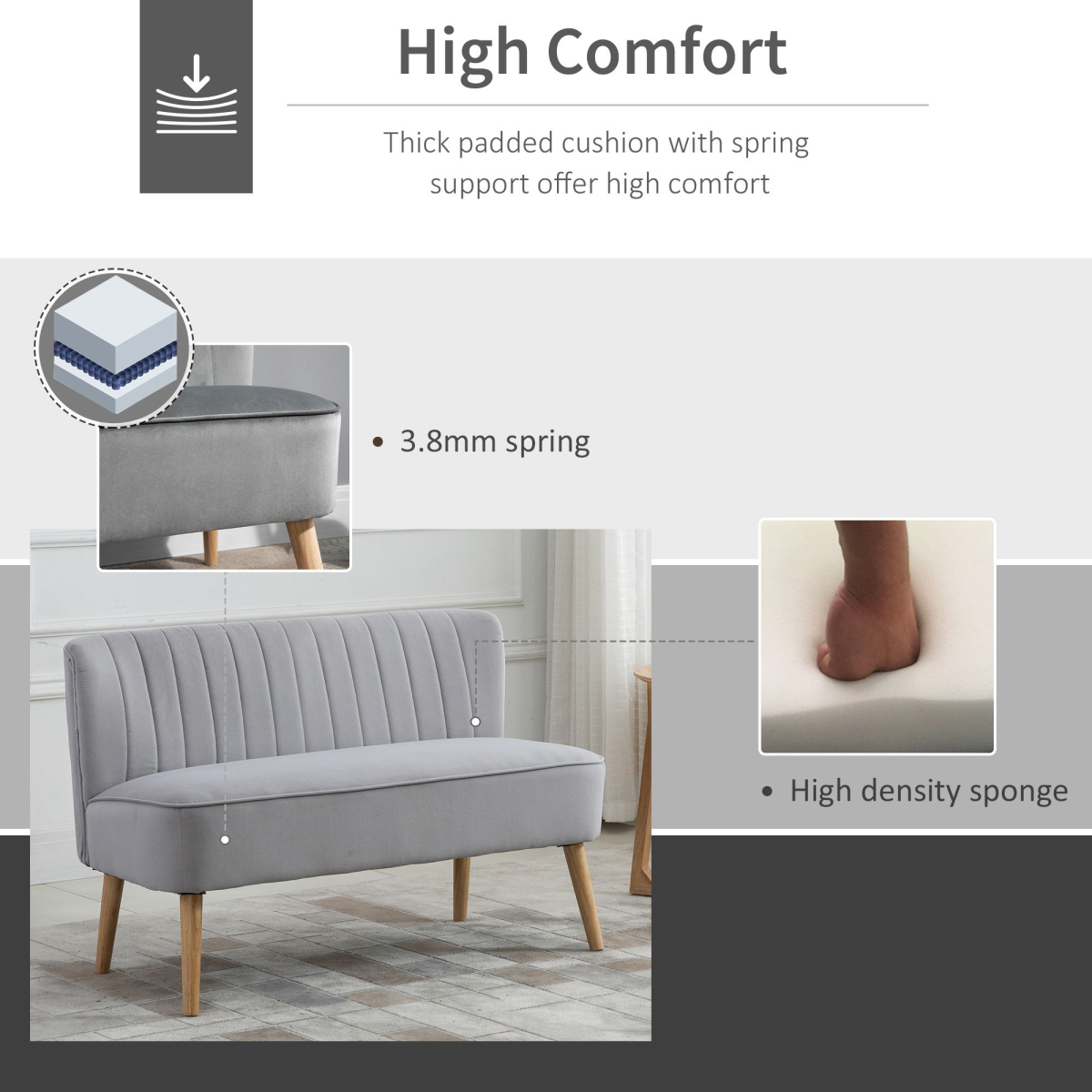 Velvet Double-Seat Loveseat Sofa with Wooden Legs - Grey