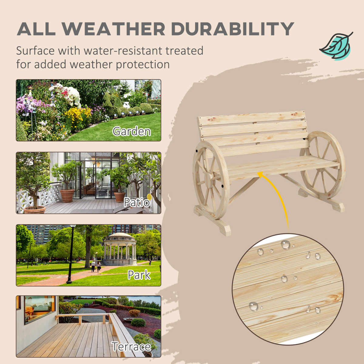 2-Seater Garden Bench with Wagon Wheel Armrests - Natural Fir Wood
