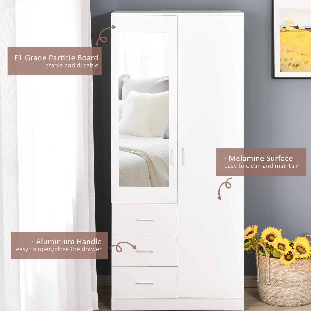 Elegant 2-Door White Wardrobe with Mirror, Adjustable Shelves & 3 Drawers