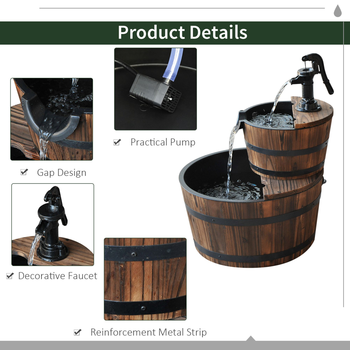 Two-Tier Fir Wood Water Pump Fountain - Steel Accents
