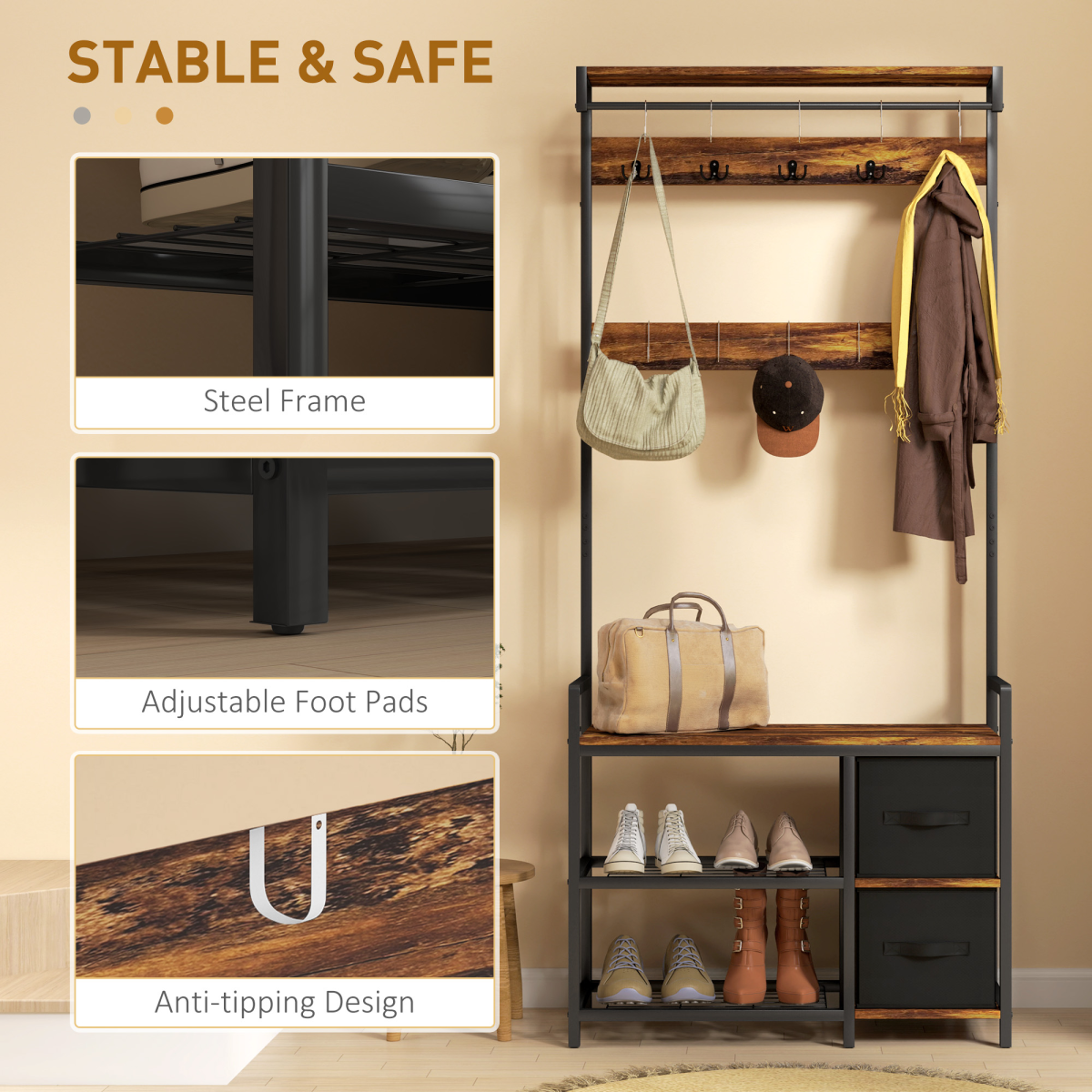 Stylish 4-in-1 Hall Tree: Coat Rack, Shoe Storage & Bench - Rustic Charm