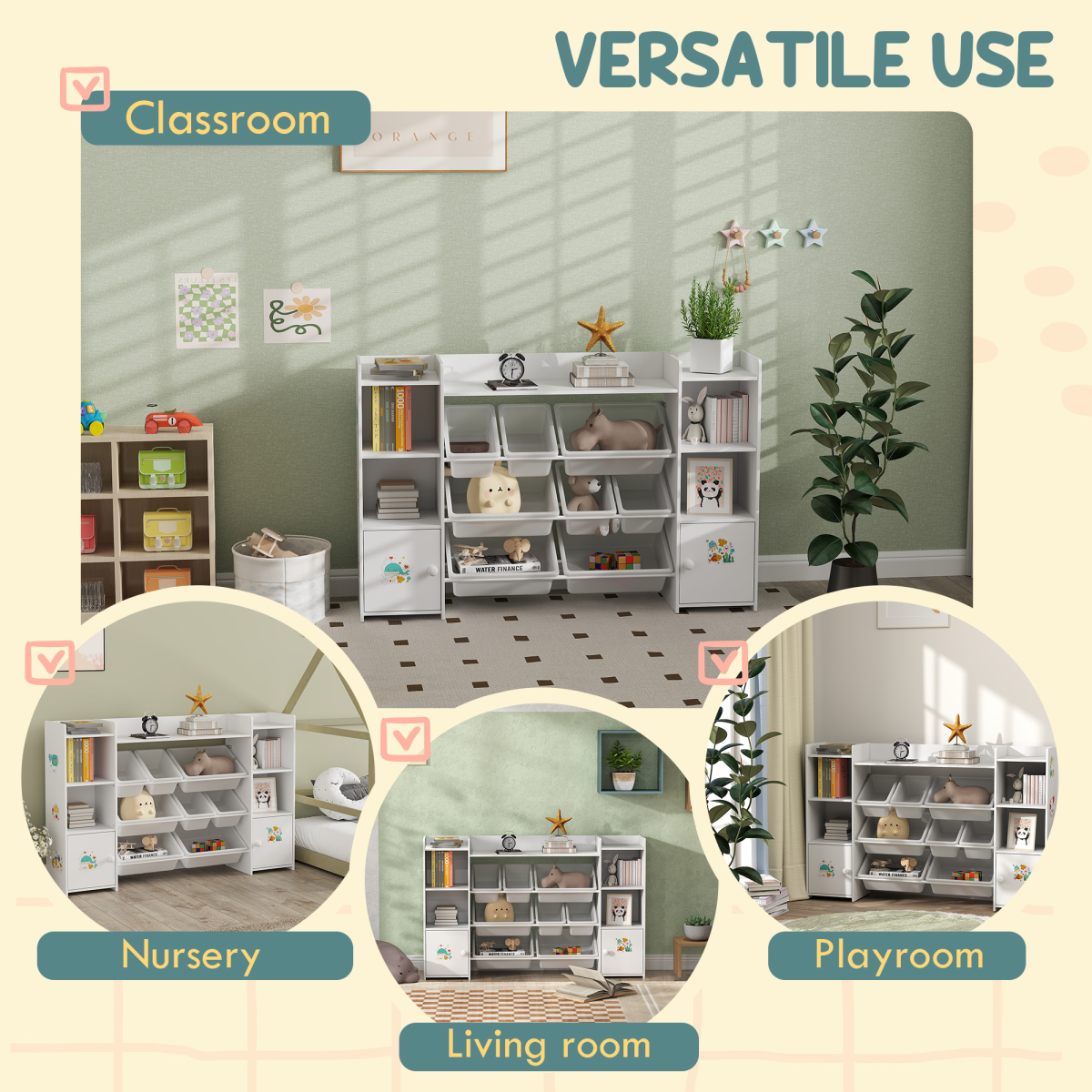 AIYAPLAY Kids Toy Storage Organizer with 8 Removable Bins - White