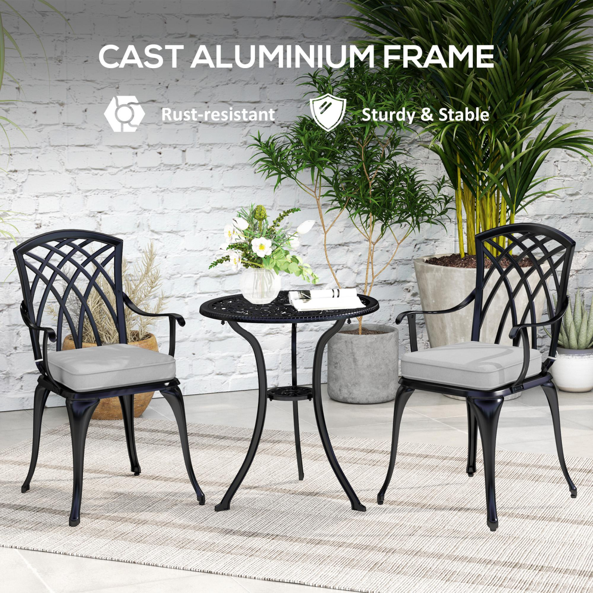 3-Piece Aluminium Garden Set: Round Table, Cushions, Parasol Hole