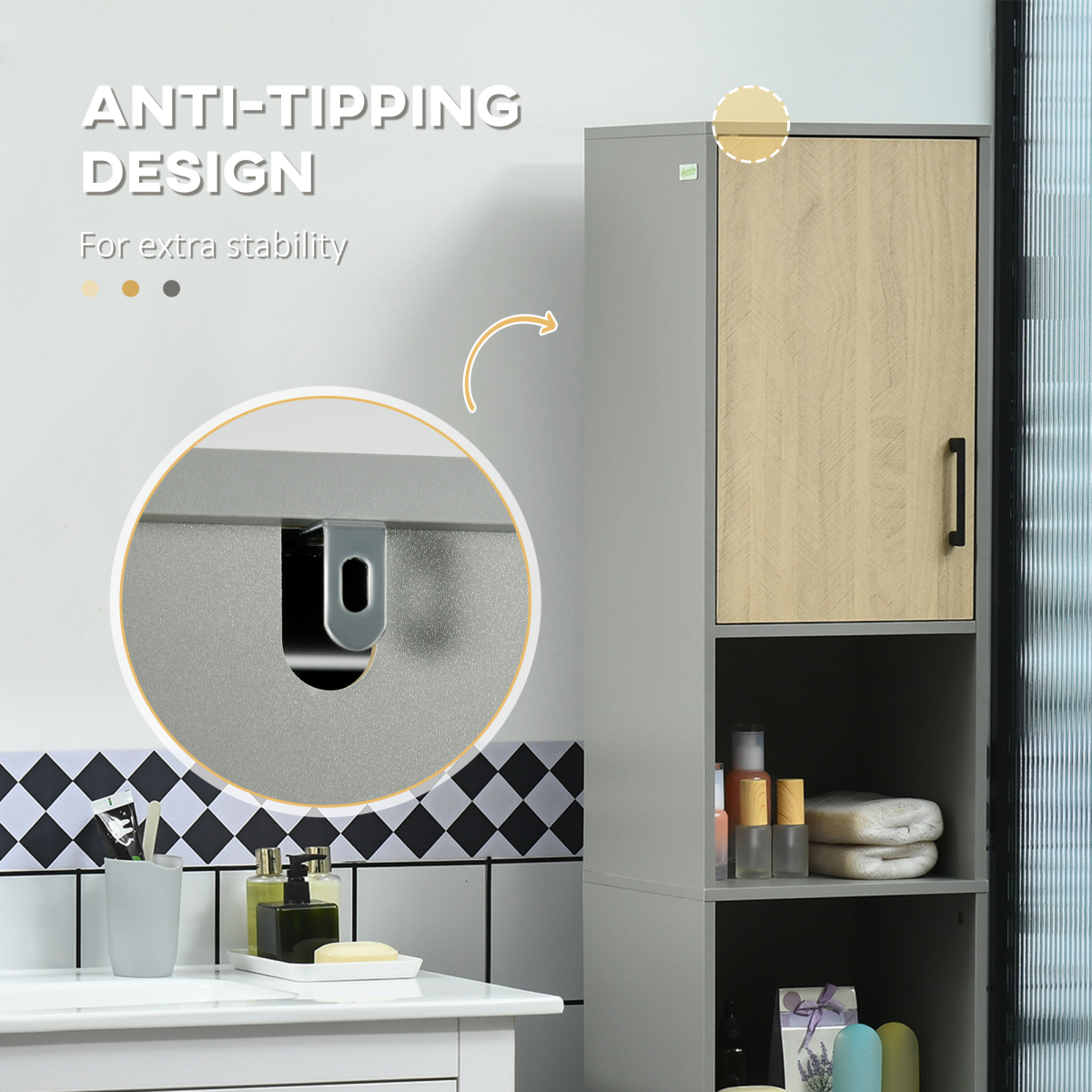 Kleankin Slim Tall Bathroom Cabinet - 2 Cupboards, 2 Shelves, Anti-Tip