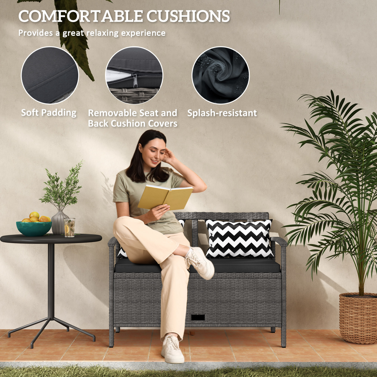 160L Rattan Garden Storage Bench with Cushioned Seat – Grey