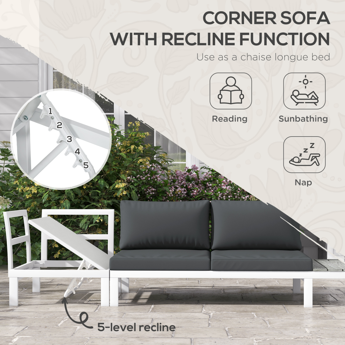 4-Piece Garden Set with Reclining Corner Sofa - White
