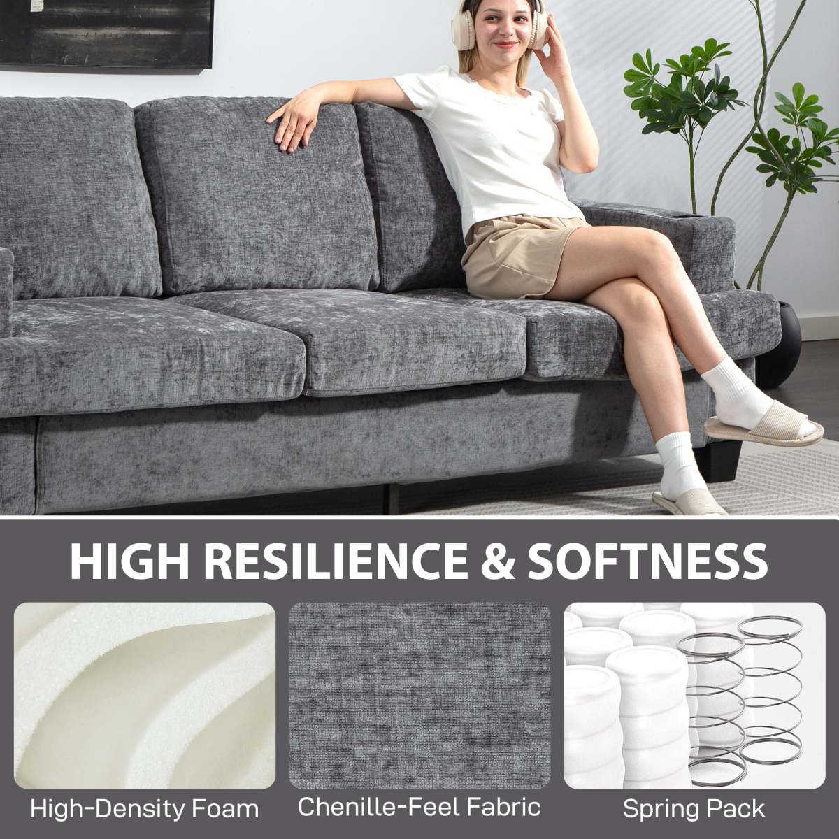 3-Seater Sofa with USB Ports & Cup Holders - Cozy Grey Fabric Design