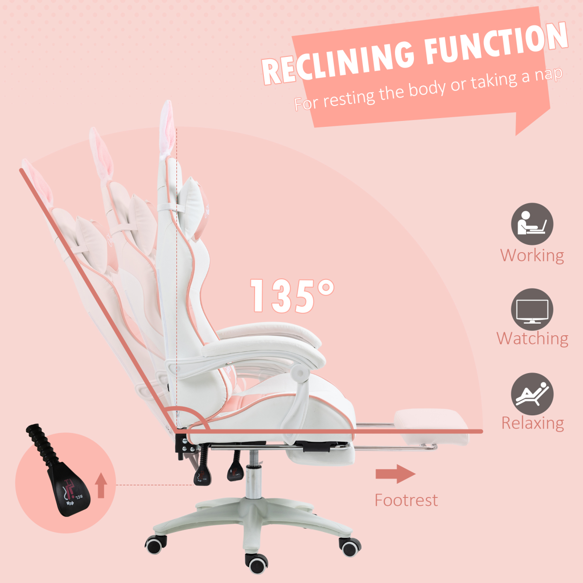 Vinsetto Pink Racing-Style Gaming Chair with Removable Rabbit Ears & Footrest