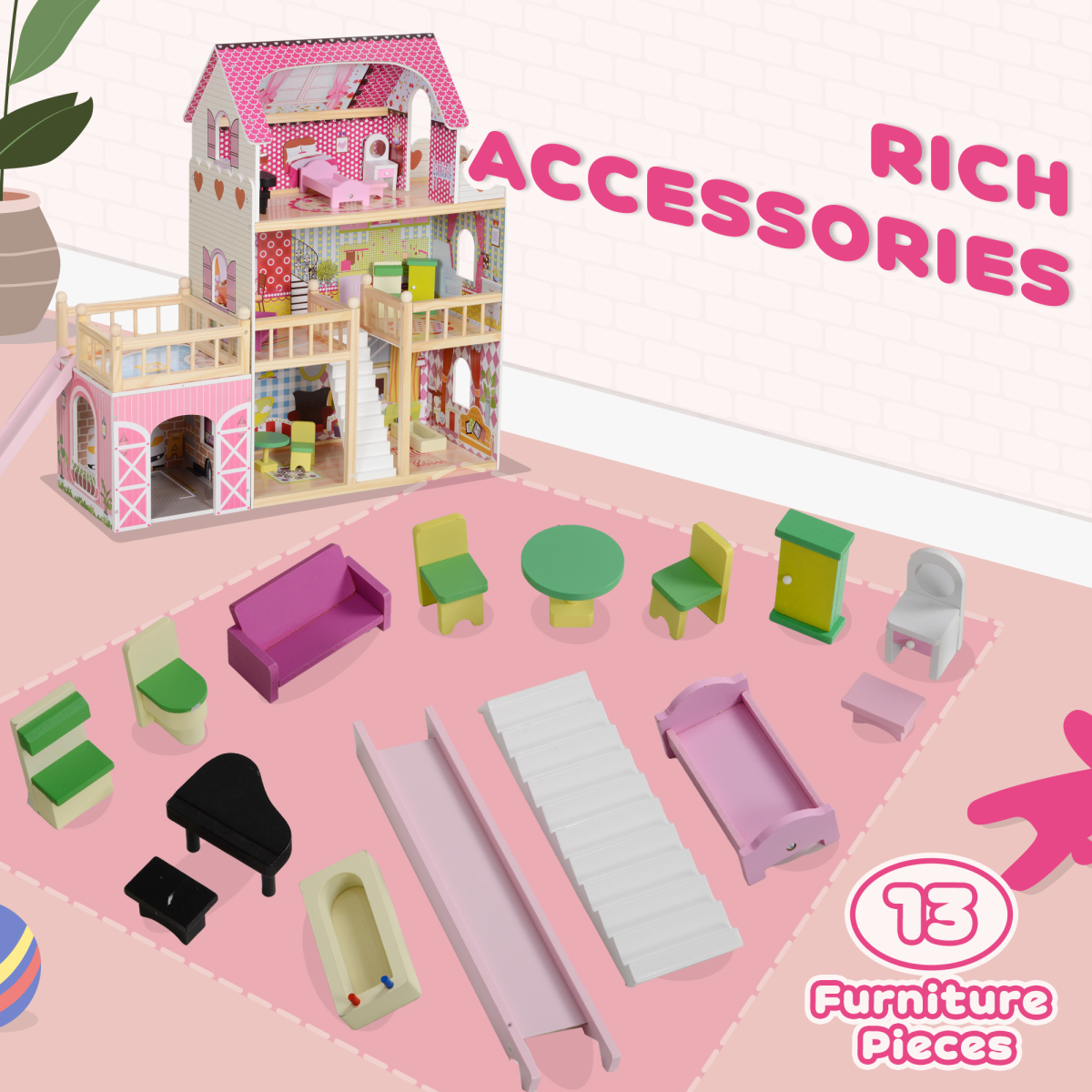 AIYAPLAY 3-Story Pink Dolls House with 13-Piece Wooden Furniture Set