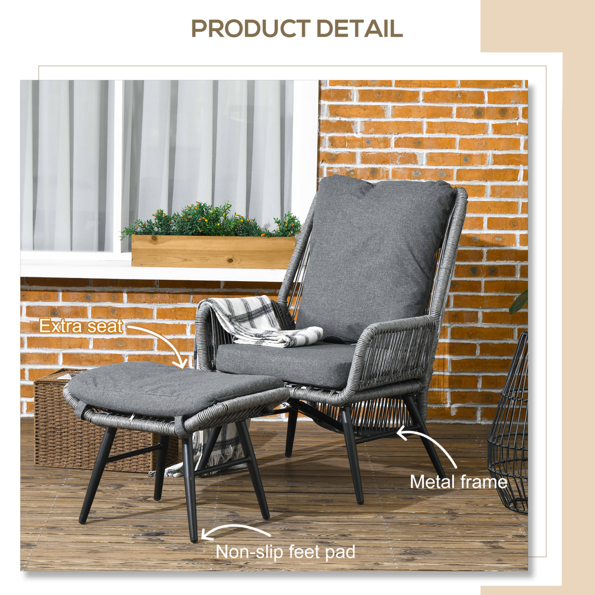 Garden Rattan Chair Set with Adjustable Backrest and Footrest Grey