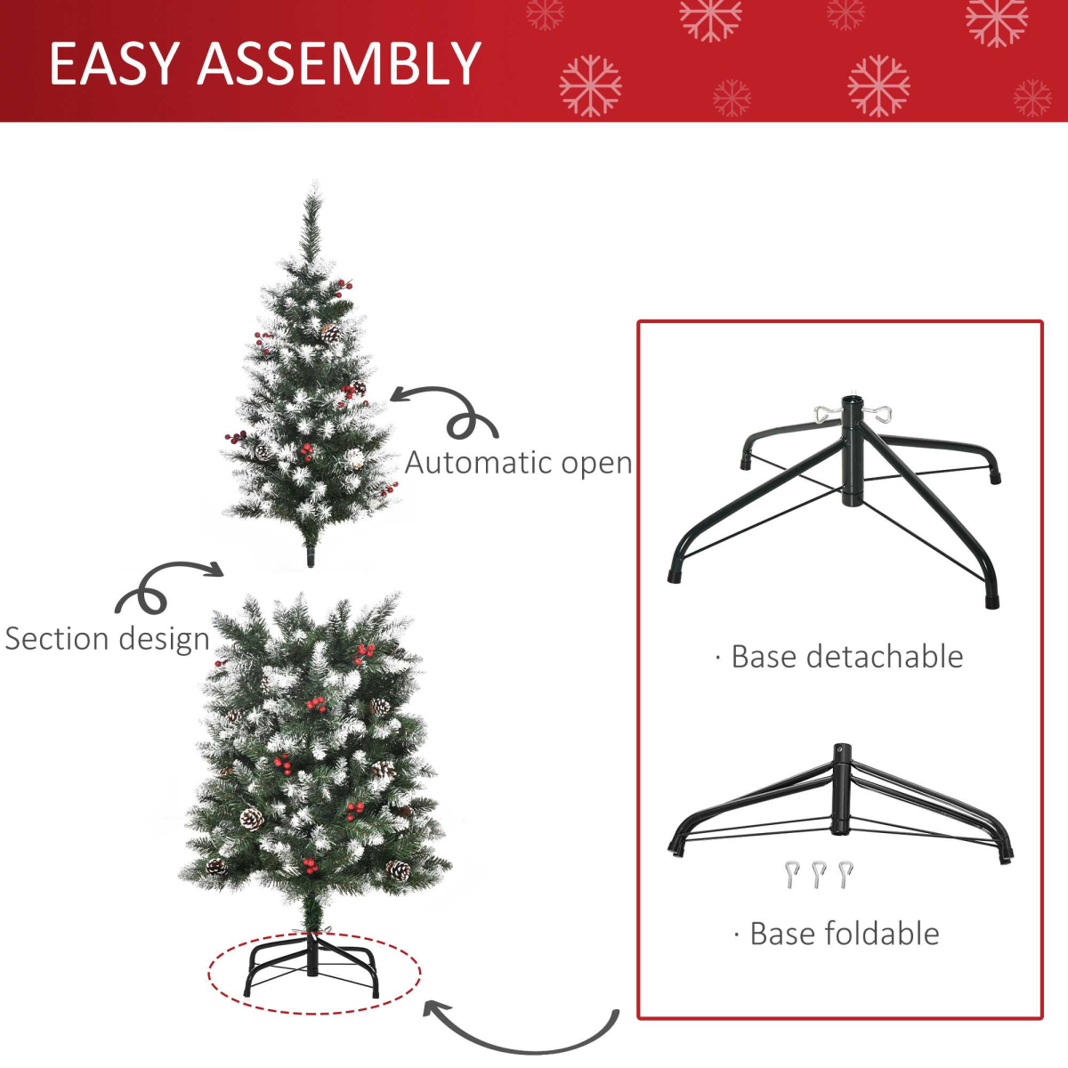 5FT Artificial Pencil Christmas Tree with Berries & Pinecones, Foldable Feet