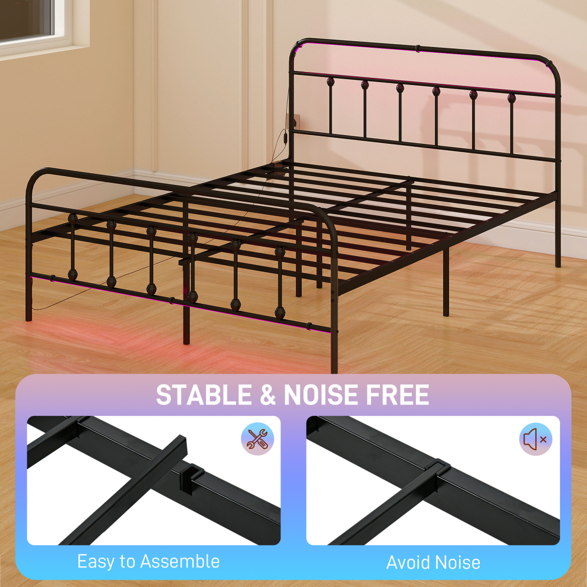 King Bed Frame with RGB LED Lights & Built-In Charging Station