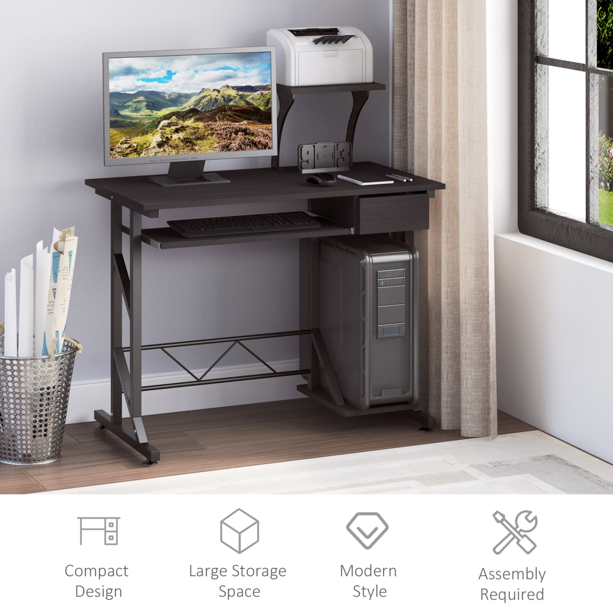 Compact & Stylish Home Office Desk with Sliding Tray, Storage & Stability