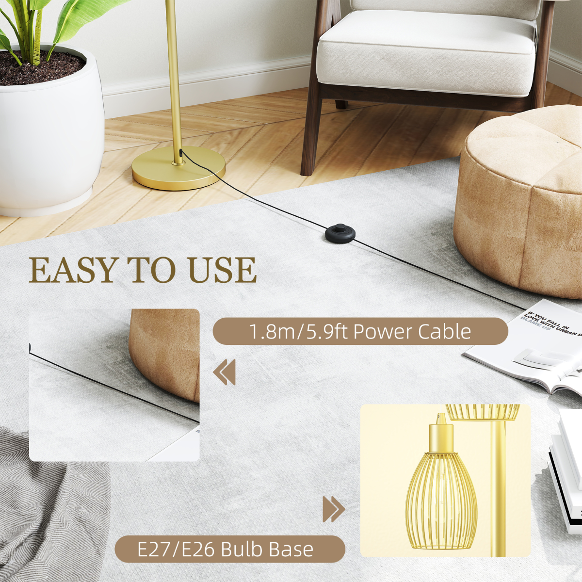 Industrial Chic: 3-Light Dimmable Floor Lamp in Elegant Gold Finish