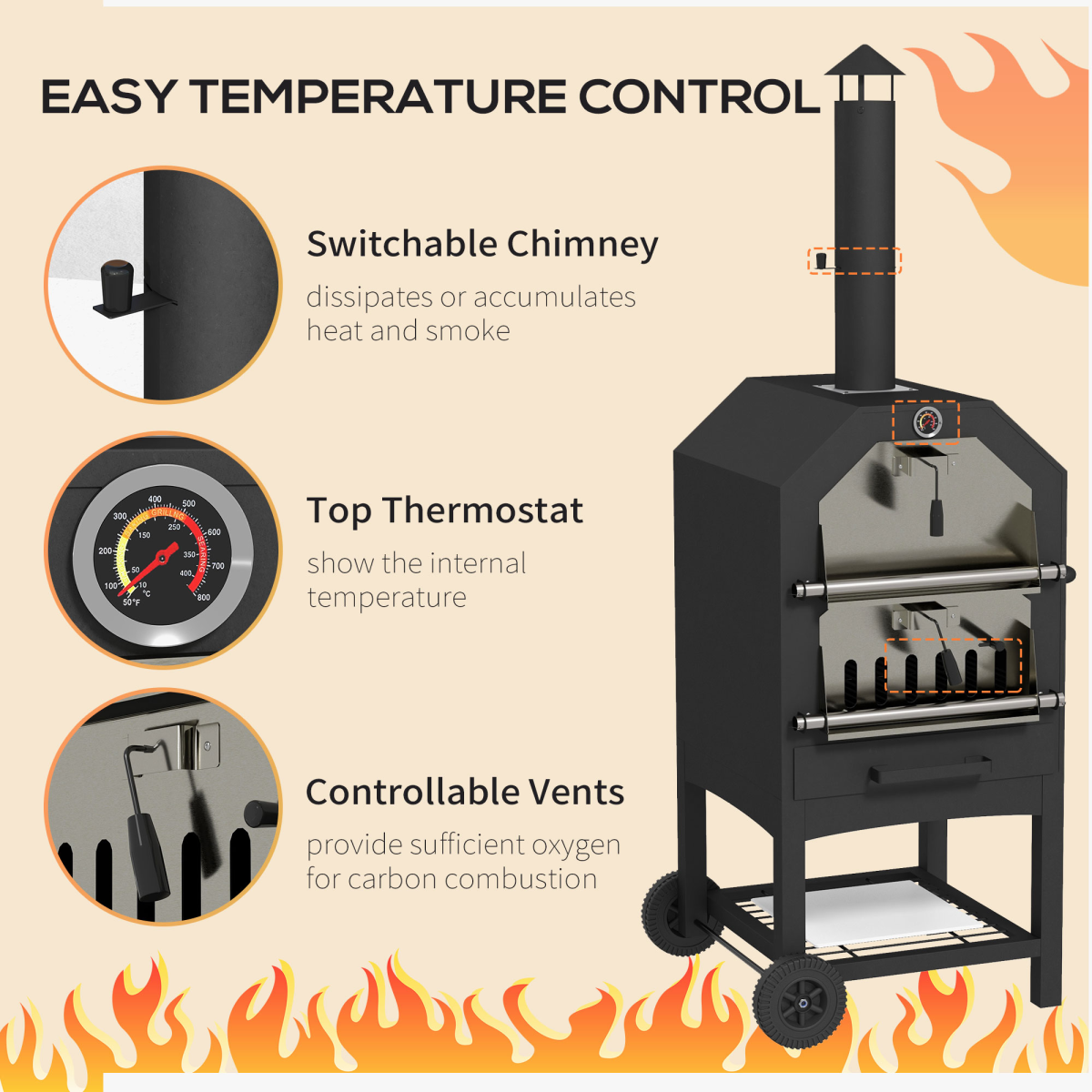 Outdoor Pizza Oven & Charcoal Grill with Rain Cover, Shelf & Wheels