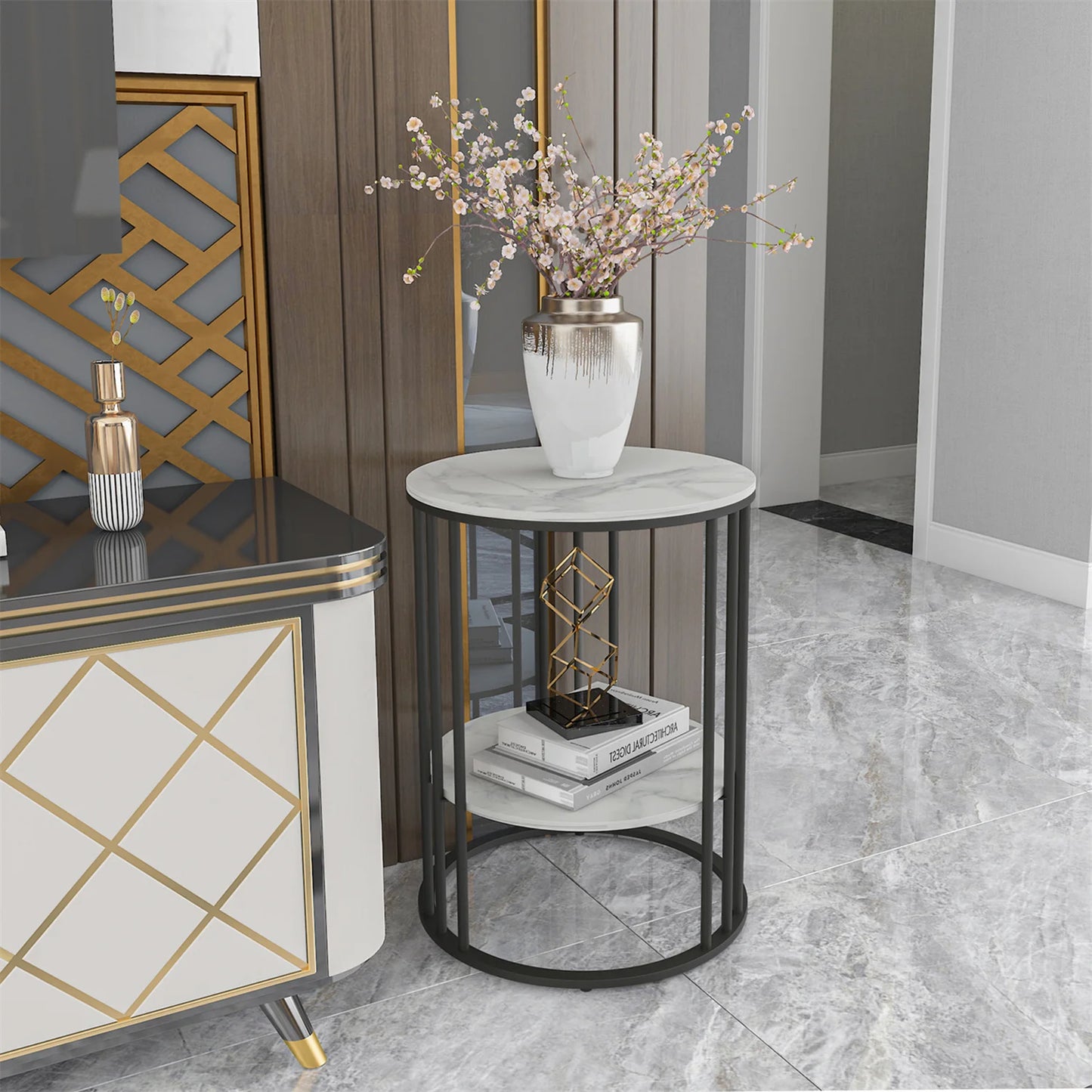 Sleek Tall Frame End Table with Sintered Stone Top - Stylish Nightstand and Storage Solution