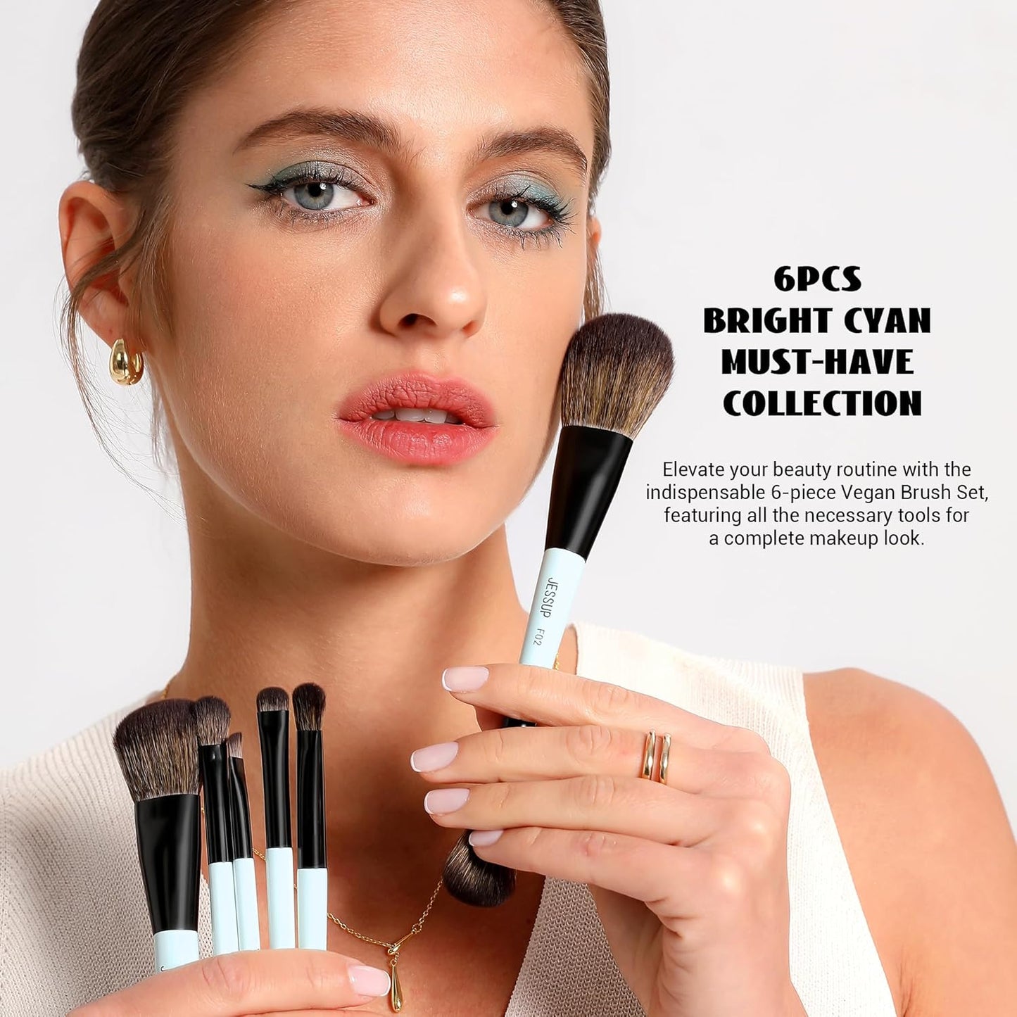 Vibrant Cyan 6-Piece Double-Sided Vegan Makeup Brush Set for Flawless Foundation, Contour, Blush, Highlight, and Eyeshadow Application