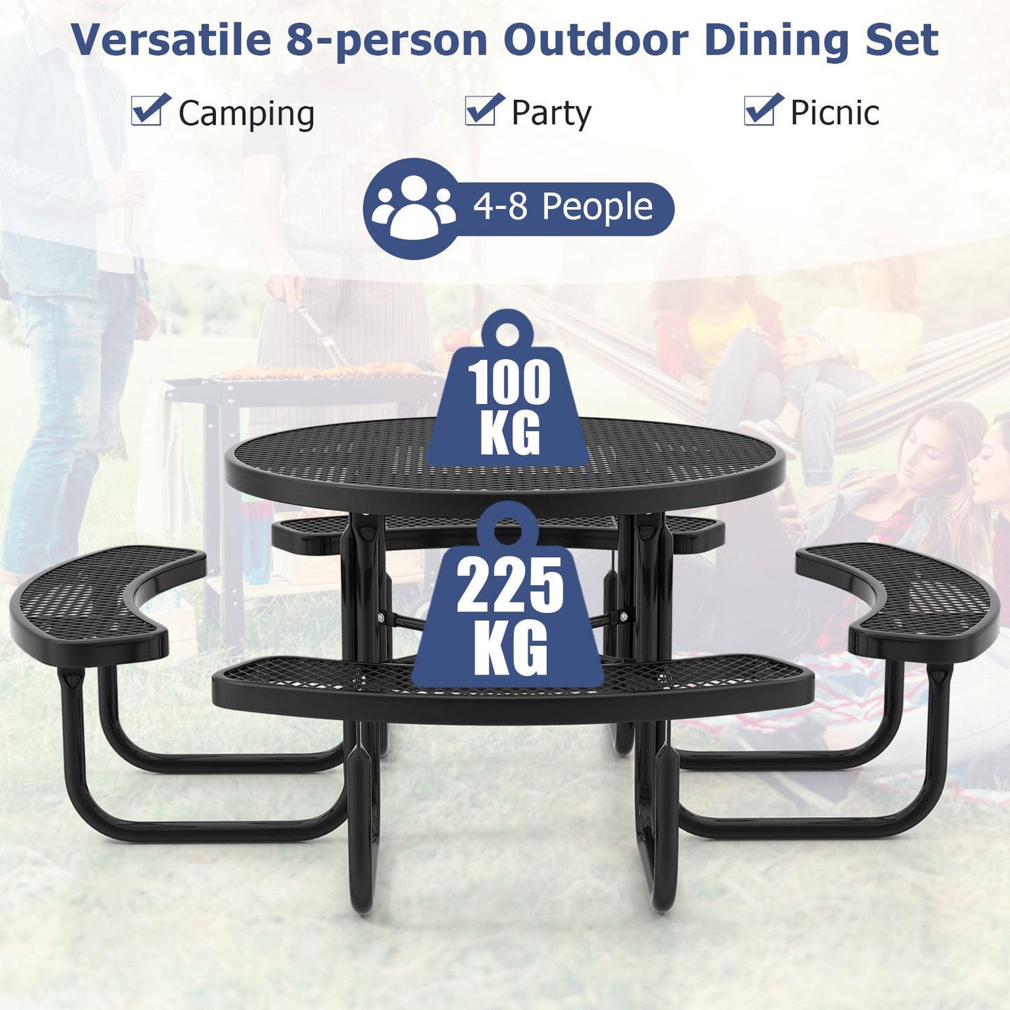 Outdoor round Picnic Table and Bench Set for 8 with Seats and Umbrella Hole