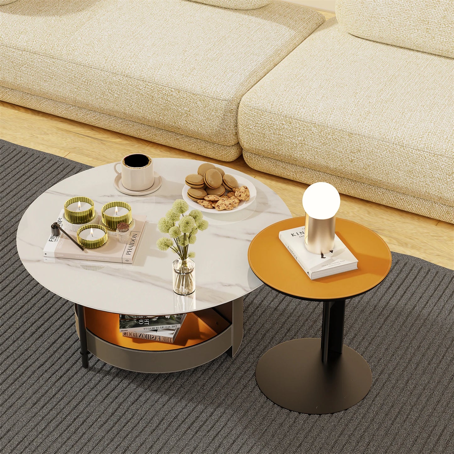 Round Coffee Side End Table with Sintered Stone-Top and Microfiber Saddle Leather Storage Shelf