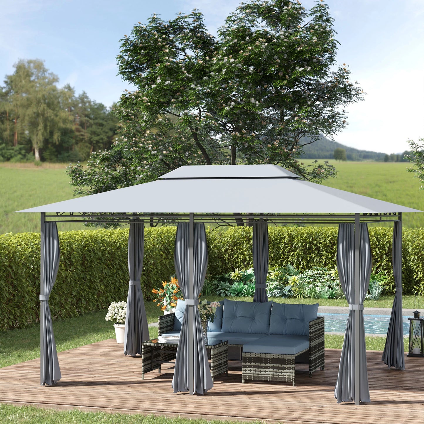 Spacious 4M x 3M Double Roof Garden Gazebo Canopy with Curtains - Durable Steel Frame Outdoor Shelter