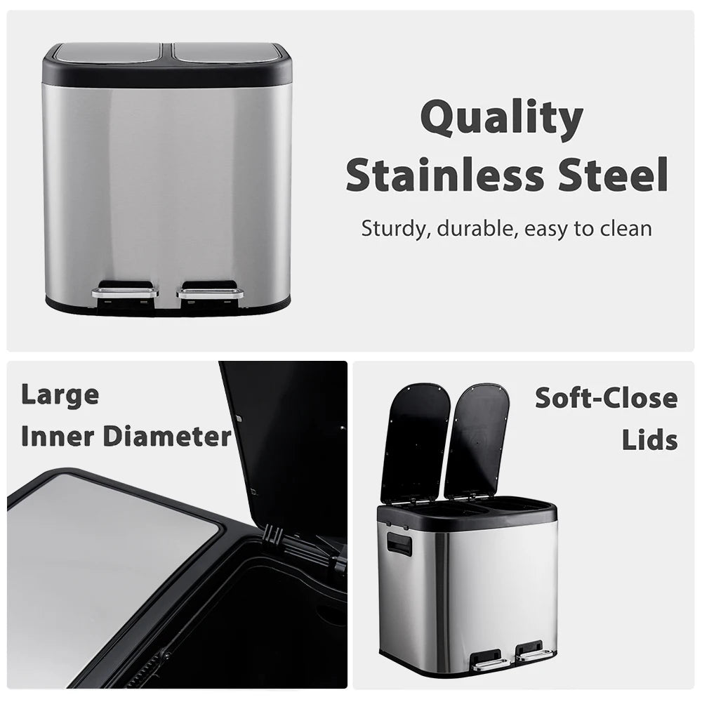 30L Stainless Steel Step Open Trash Can with Dual Pedals Large Capacity