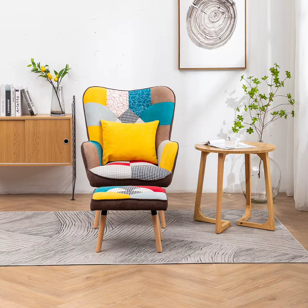 Linen Tufted Back Armchair Multicoloured Velvet Upholstered Wingback Armchair with Footrest and Plush Cushion