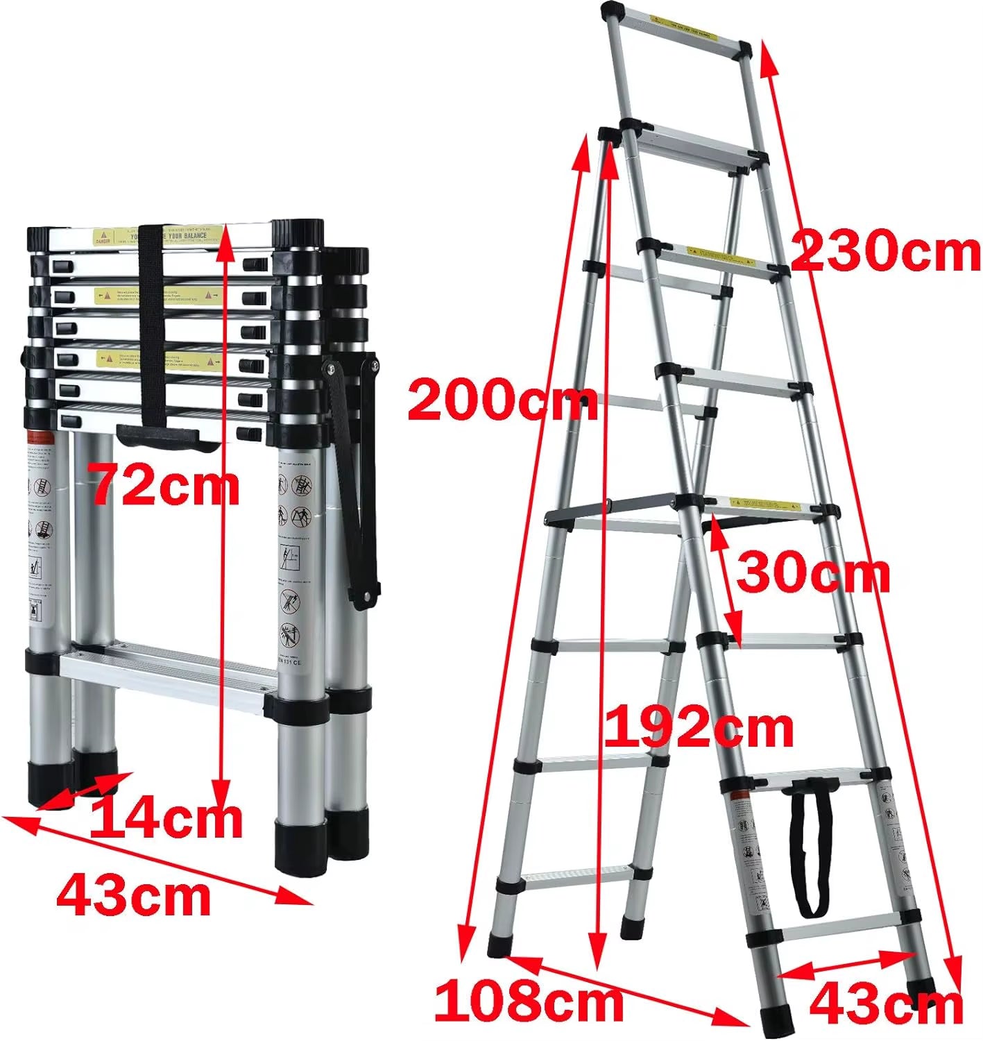 6+7 Steps Aluminium Extension Ladder Telescopic Ladder, Portable, A-Frame Multi-Purpose Anti-Slip Extendable Loft Ladder 150Kg