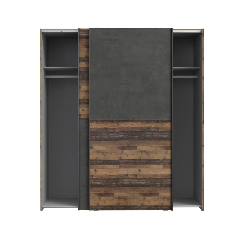 Double Sliding Door Wardrobe with Oak and Concrete Finish, 170,3 Cm W X 190,5 Cm H X 61,2 Cm D