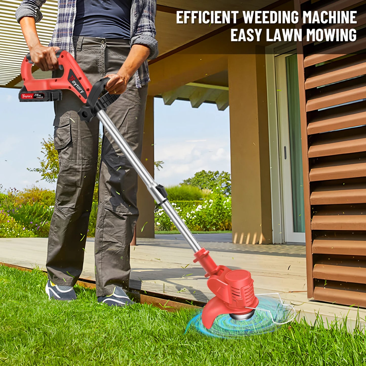 Cordless Electric Lawn Mower and Grass Trimmer - 21V Adjustable Length Cutter with 36000RPM Battery
