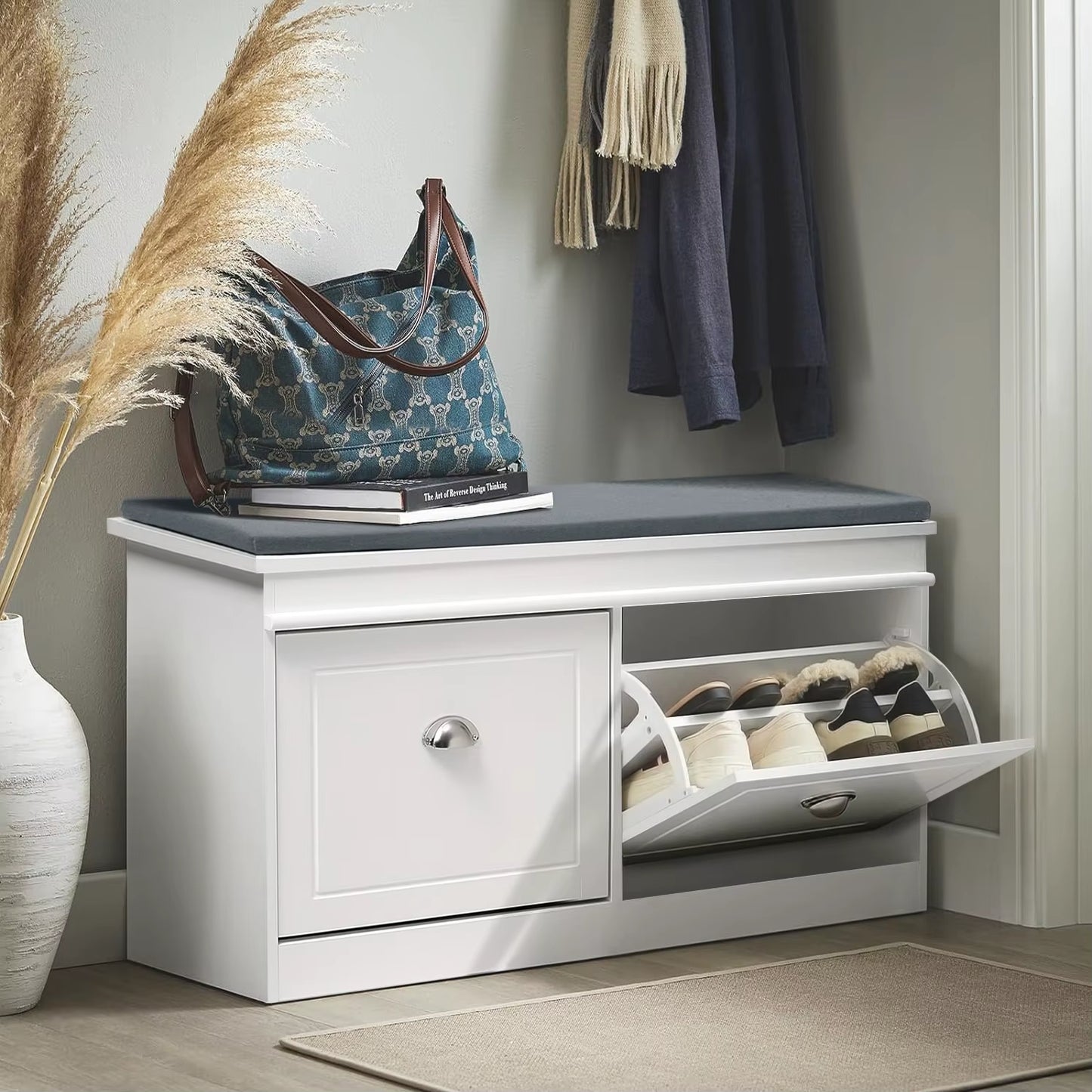 White 2 Drawer Flip down Wooden Shoe Bench Cabinet Flip down Design with Soft Cushions