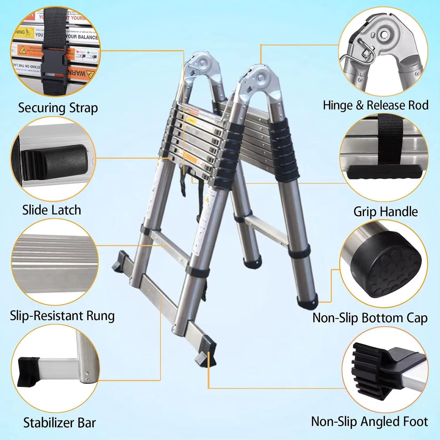 3.8M Multi-Purpose Folding Telescopic Ladder Extension Portable Loft Ladder 1.9M+1.9M a Frame Foldable Ladder 12 Steps